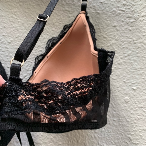 ELLE MacPherson sheer ribbons black nude lace bra Sz 36B lightly lined designer - Picture 7 of 16